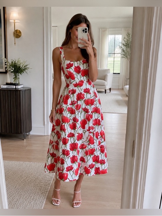 Milly Dresses & Skirts - MILLY Red PEONIA POPLIN Floral Square-Neck Midi Dress